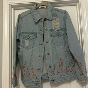 Honey Punch Large distressed jacket with red rhinestones.